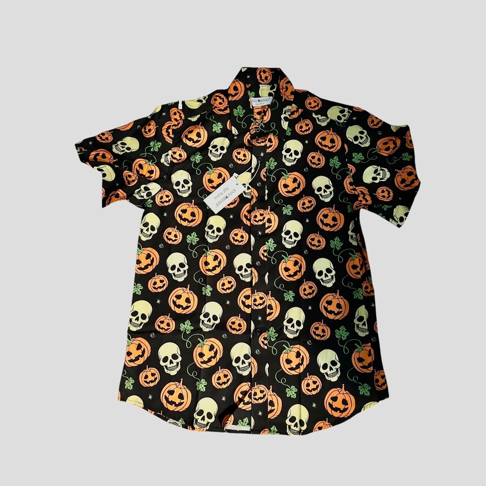 Halloween Shirt Skulls Pumpkins Short Sleeve‎ Button Up Party Costume